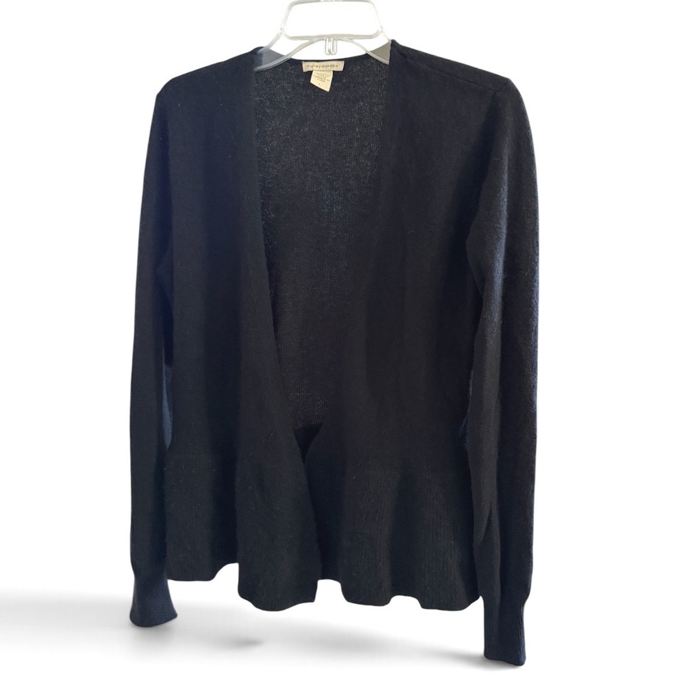 White + Warren Cardigan Women L Black 100% Cashmere Peplum Open Front Luxury